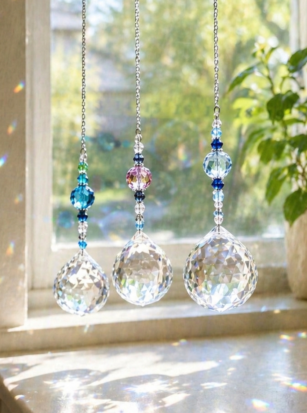 Crystal Prism Sun Catchers. Window.  with Blue, Green & Purple Beads - Unbranded